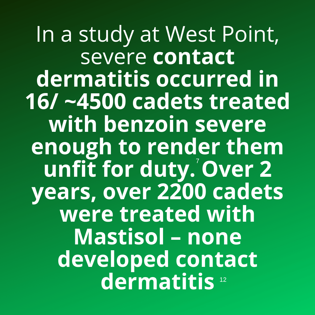 In a study at west point, severe contact dermatitis occurred in 16 out of 4500 cadets treated with benzoin severe enough to render them unfit for duty. Over 2 years, over 2200 cadets were treated with Mastisol - none developed contact dermatitis