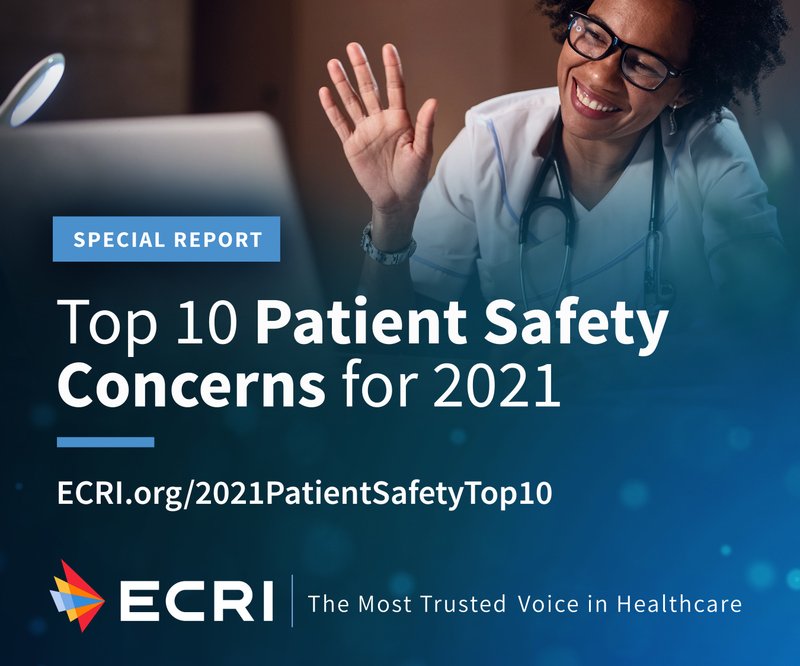 Image of black female doctor waving with text: top 10 patient safety concerns for 2021
